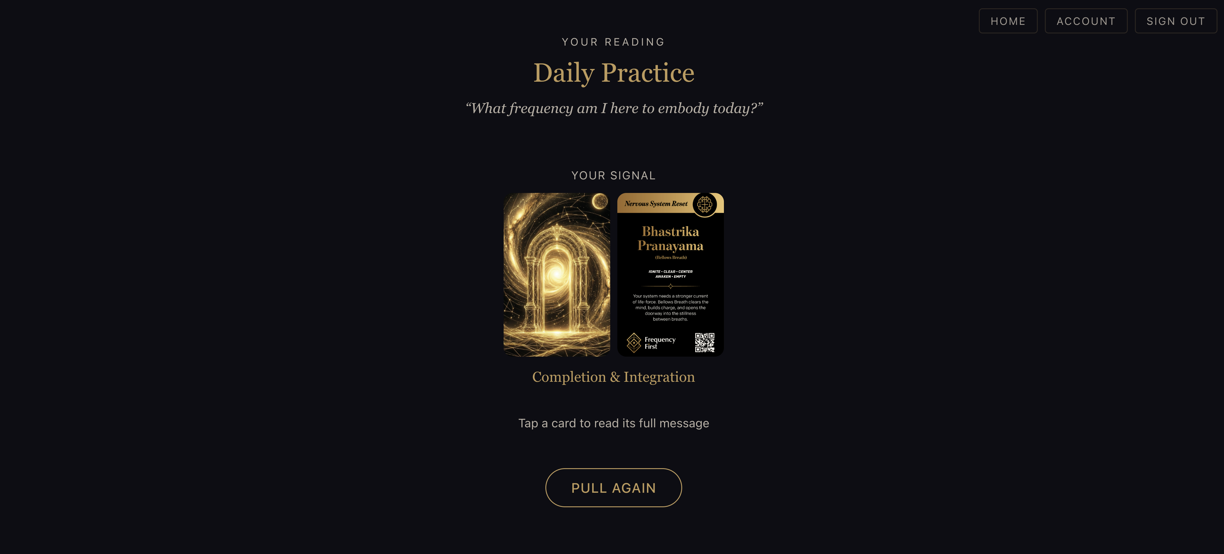 The Frequency First app showing a daily card alongside its guided meditation