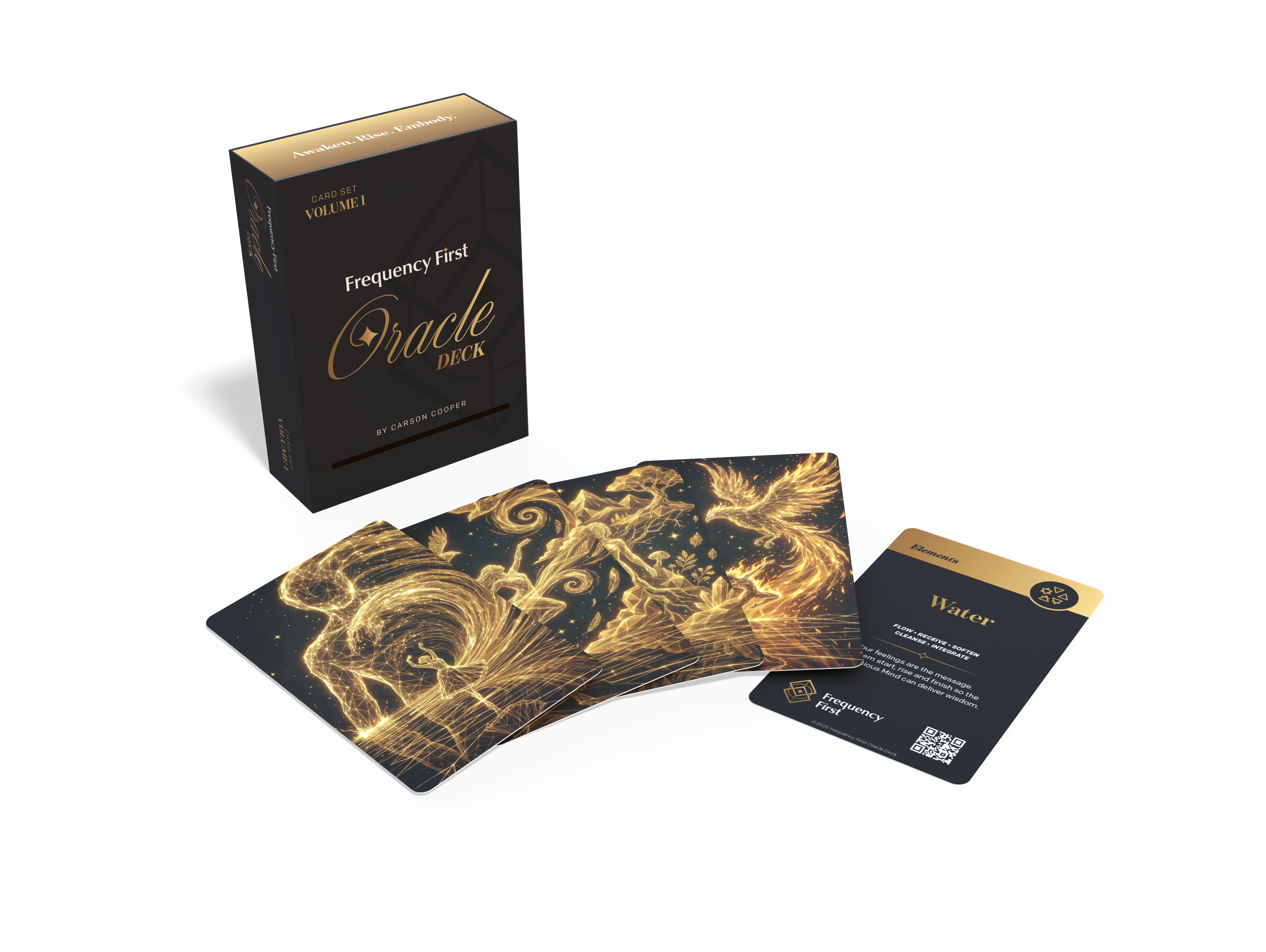 The Frequency First Oracle Deck box with several cards fanned in front of it