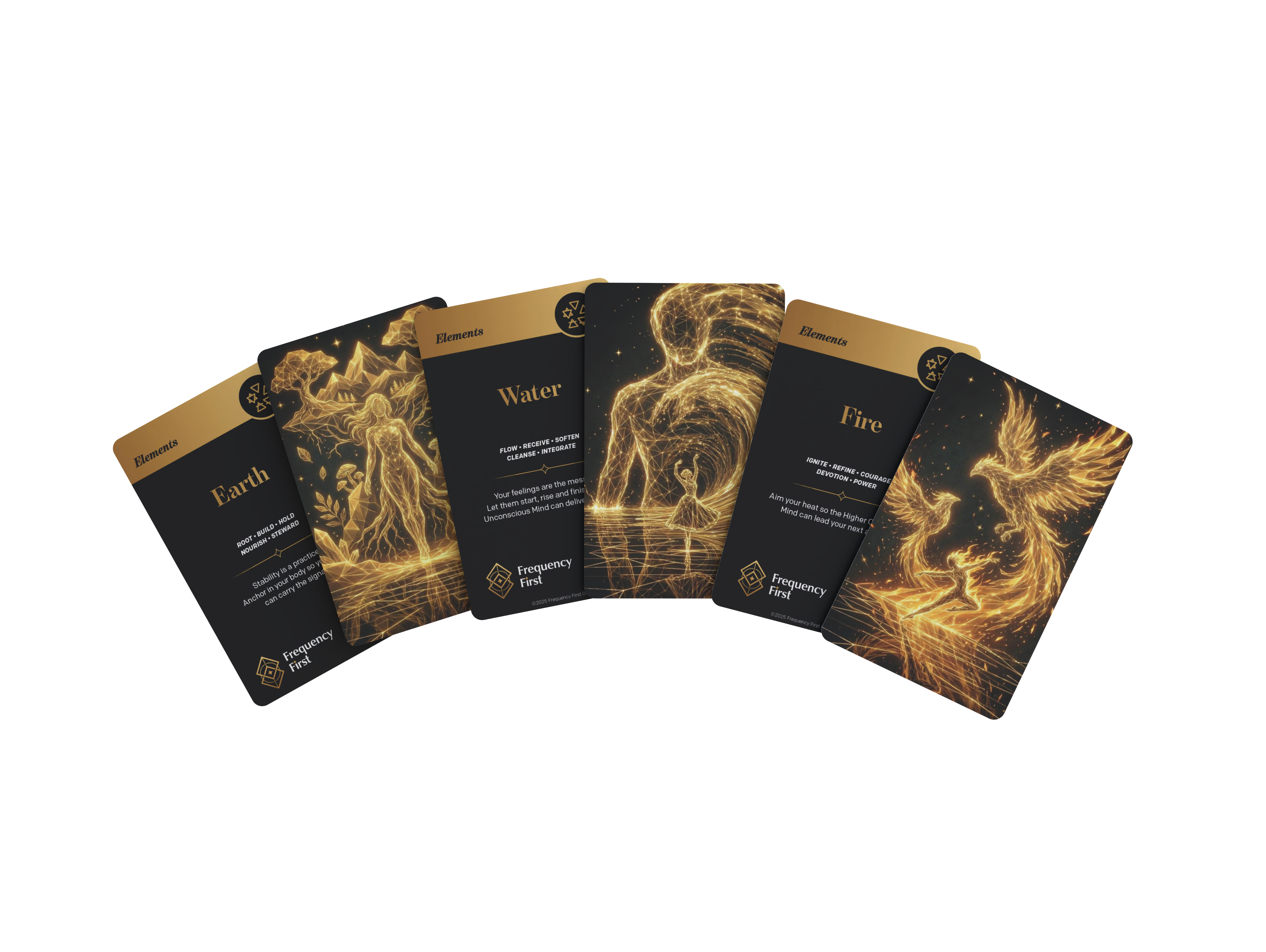 Four Frequency First Oracle cards fanned out, showing Earth, Water and Fire